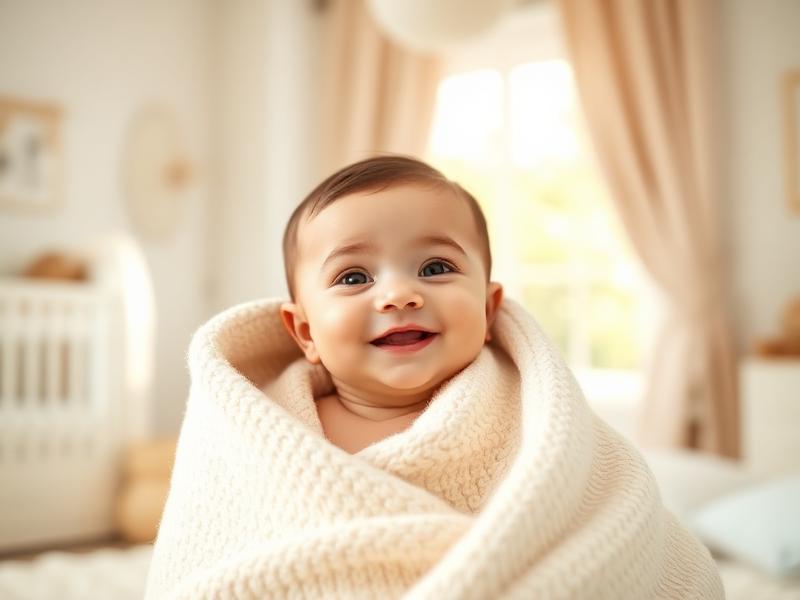 Smiling baby wrapped in a soft cream blanket