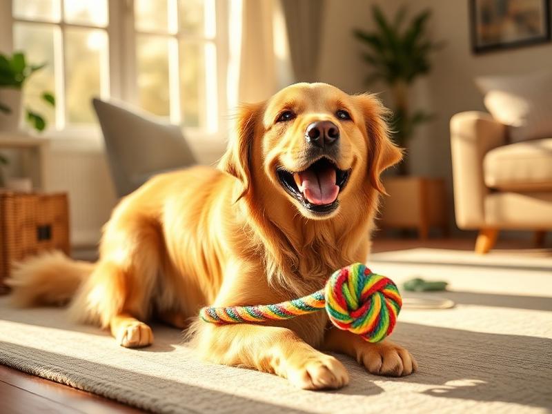 Happy golden retriever playing with a rope toy
