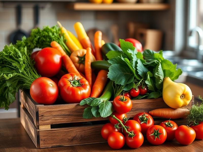 Wooden crate filled with fresh organic vegetables